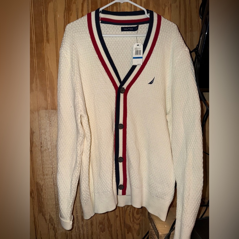 Nautica Men's Cream Cardigan with Red and Blue Trim